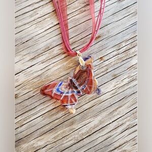 Glass Butterfly Pendant Necklace Red and Brown foiled glass boho jewelry